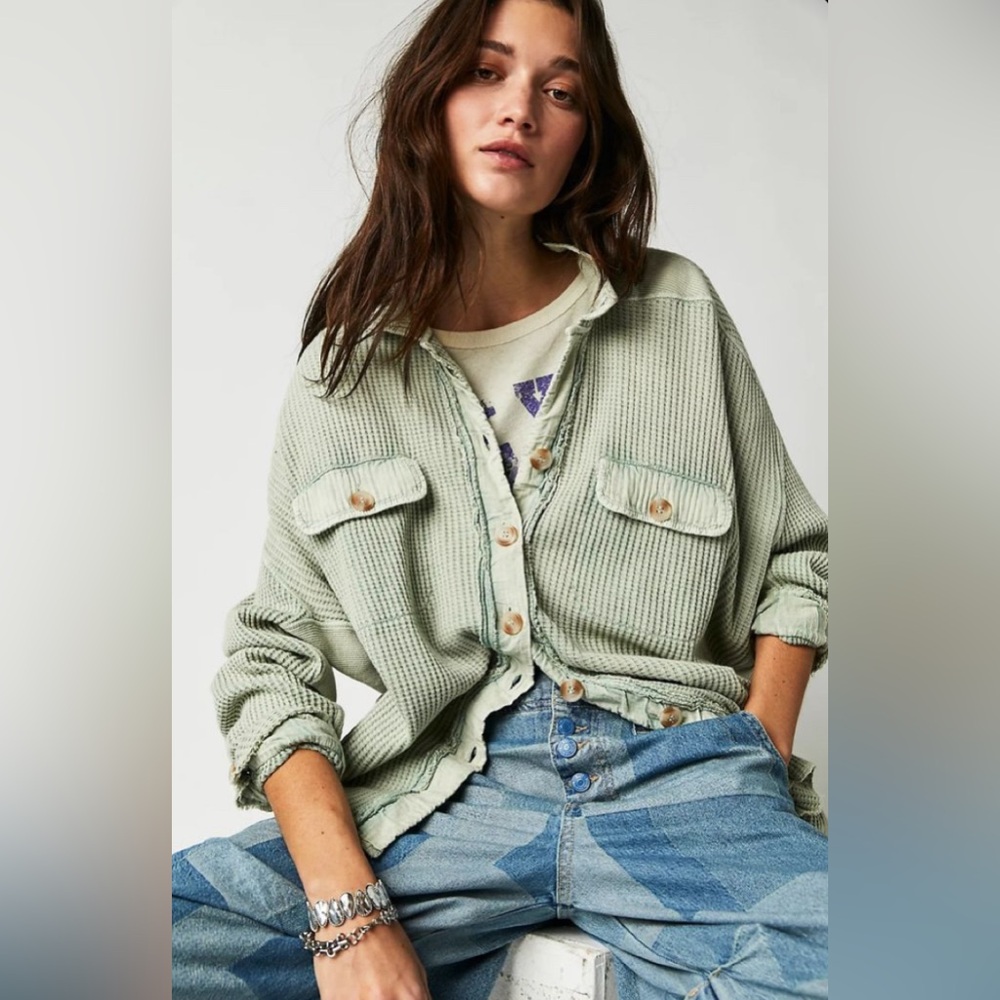 Free People FP One Scout Waffle Jacket Thermal Button Up Small Green